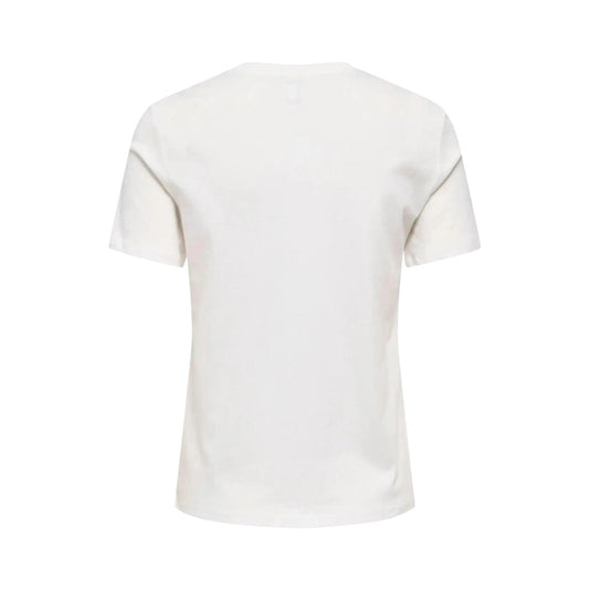 ONLY Onlmira Life Emb Tee; bianca, cotone biologico, ricamo "Agosto amor mio". La t-shirt versatile e sostenibile dal tocco romantico. Vista posteriore 