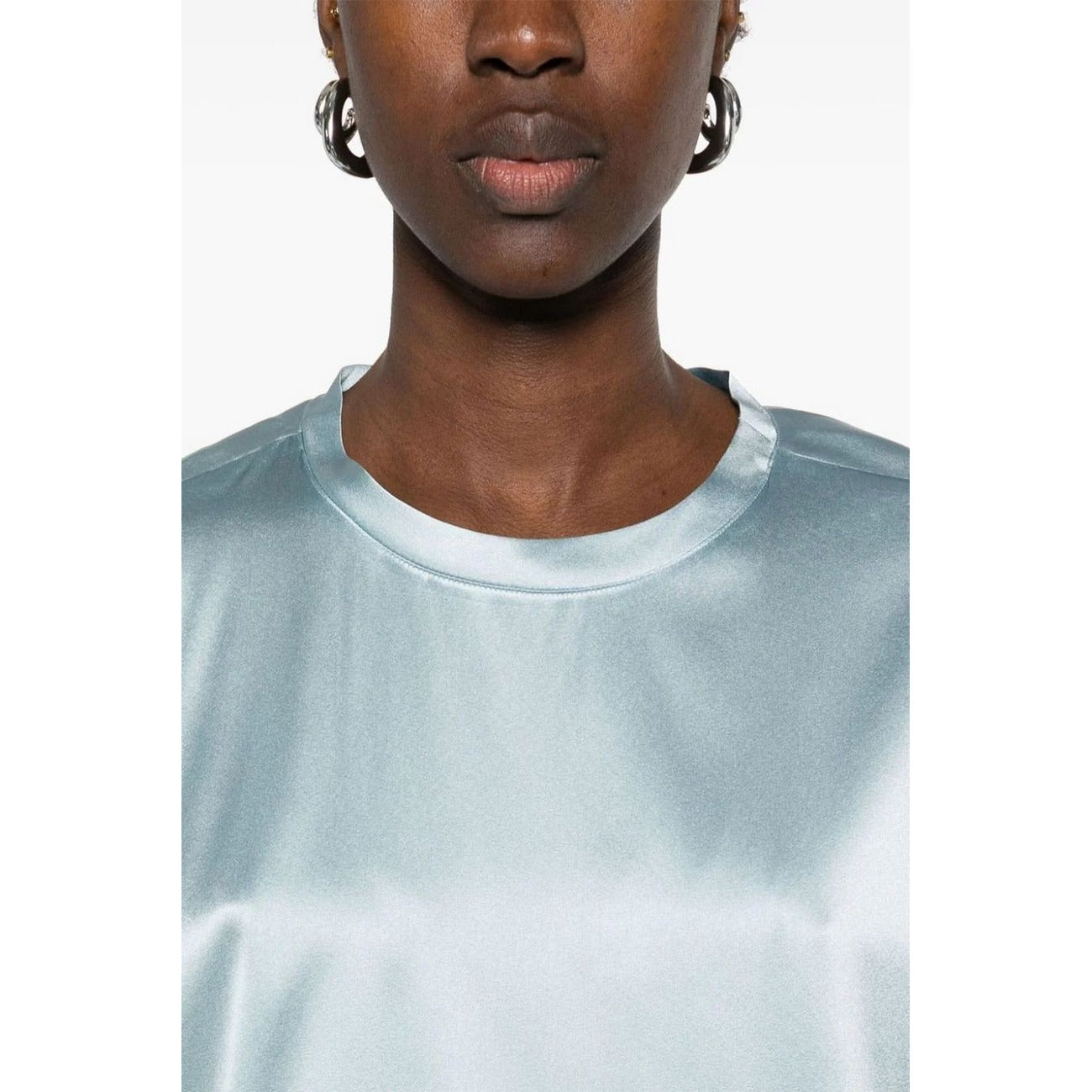 Pinko Blusa Donna Azzurra Maniche Corte - Blusa Seta Elastan Scollo Tondo