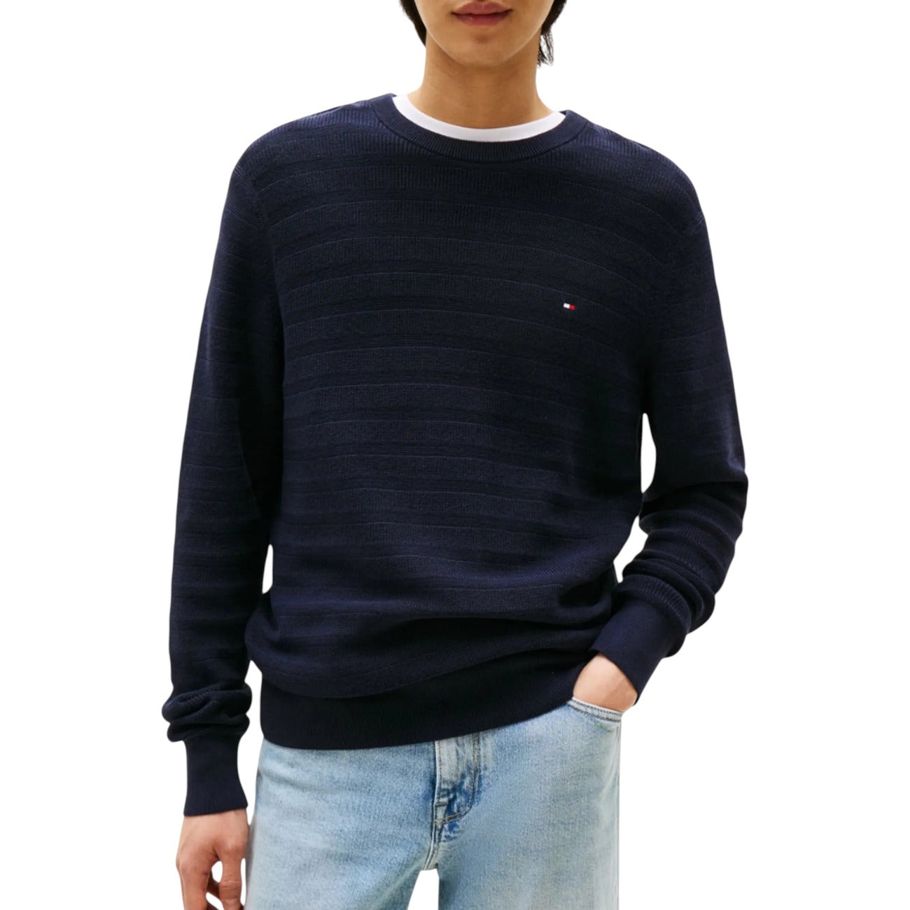 Tommy Hilfiger Maglioncino Uomo Blu Maniche Lunghe - Maglia Cotone Organico Scollo Tondo