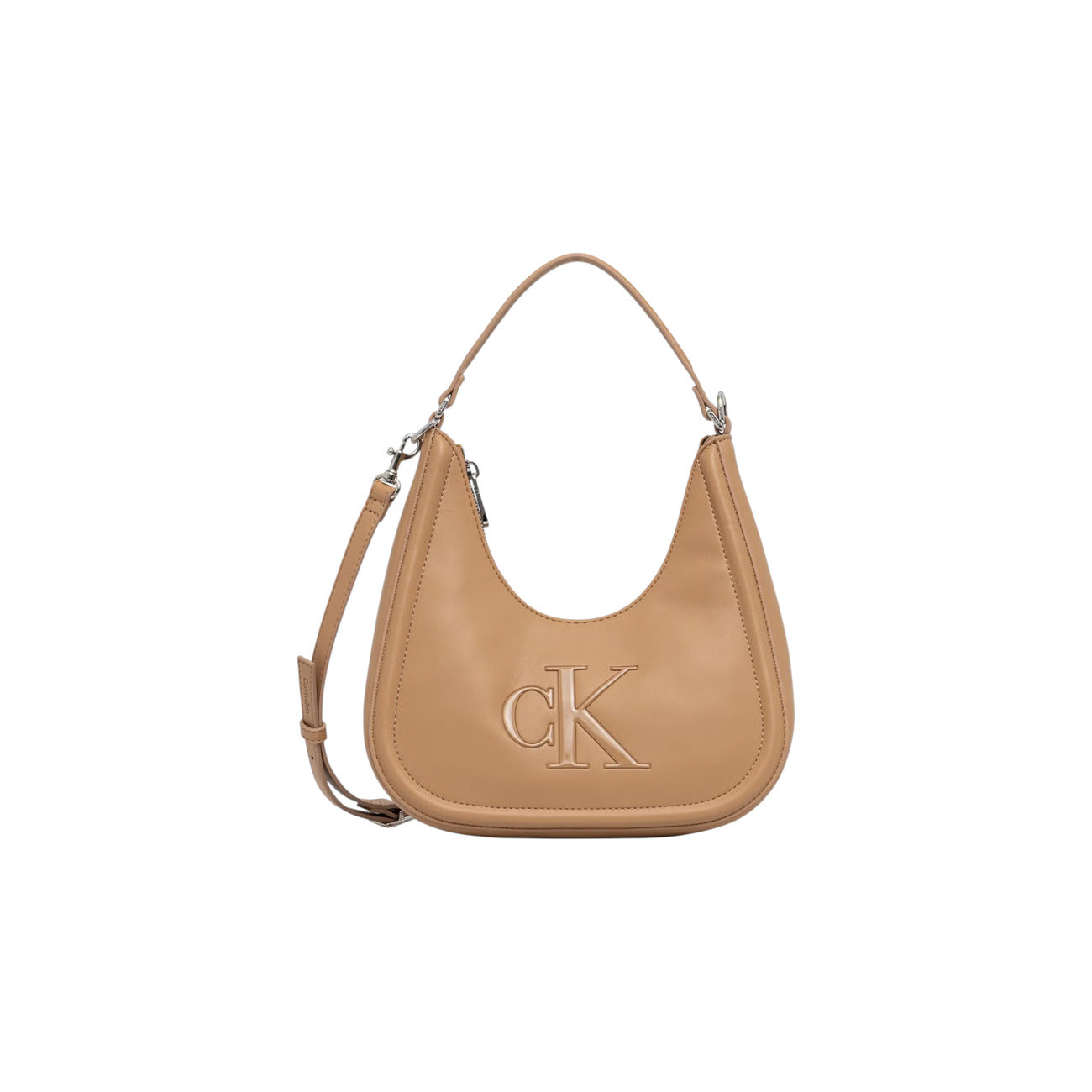 Borsa Mezzaluna Piccola Calvin Klein Bold; Beige. 100% Ecopelle poliuretano, manici corti e tracolla removibile, chiusura con zip. Dimensioni compatte (25x25,8 cm), stile minimalista e femminile 4 stagioni.