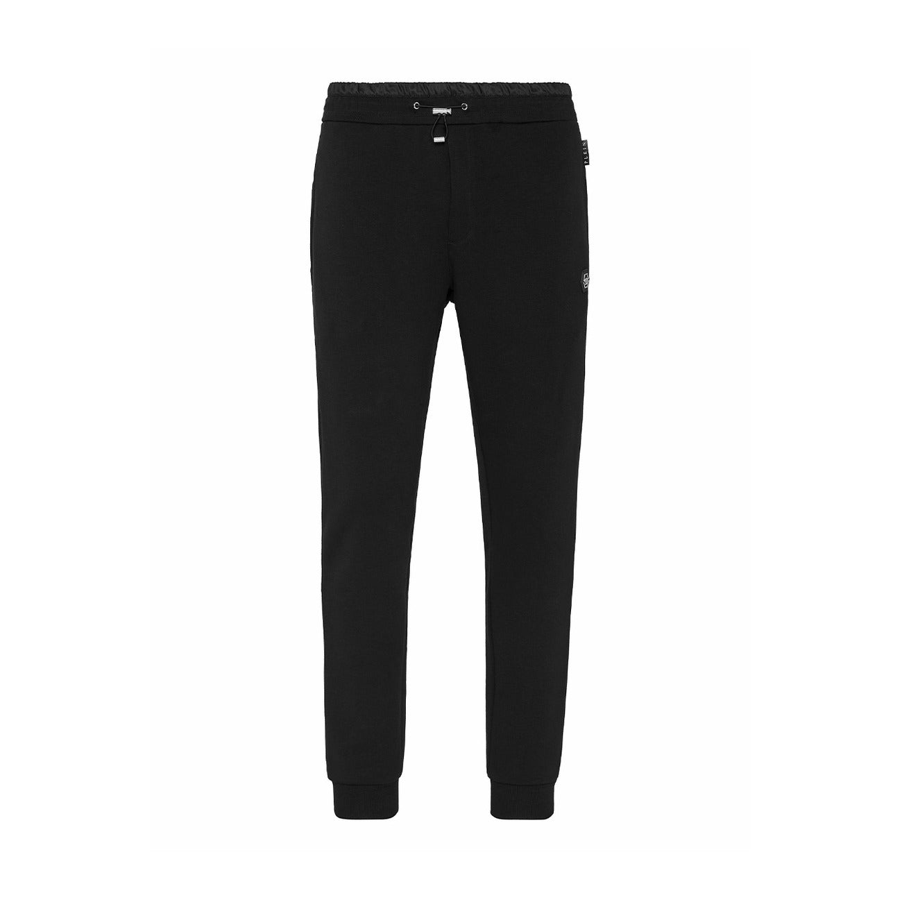 Jogger Philipp Plein; Nero. Felpa di cotone, dettagli in pelle saffiano e nylon, chiusura con coulisse stop-cord. Fondo a costina, vestibilità regular sportiva. Qualità Made in TR. Vista stesa 