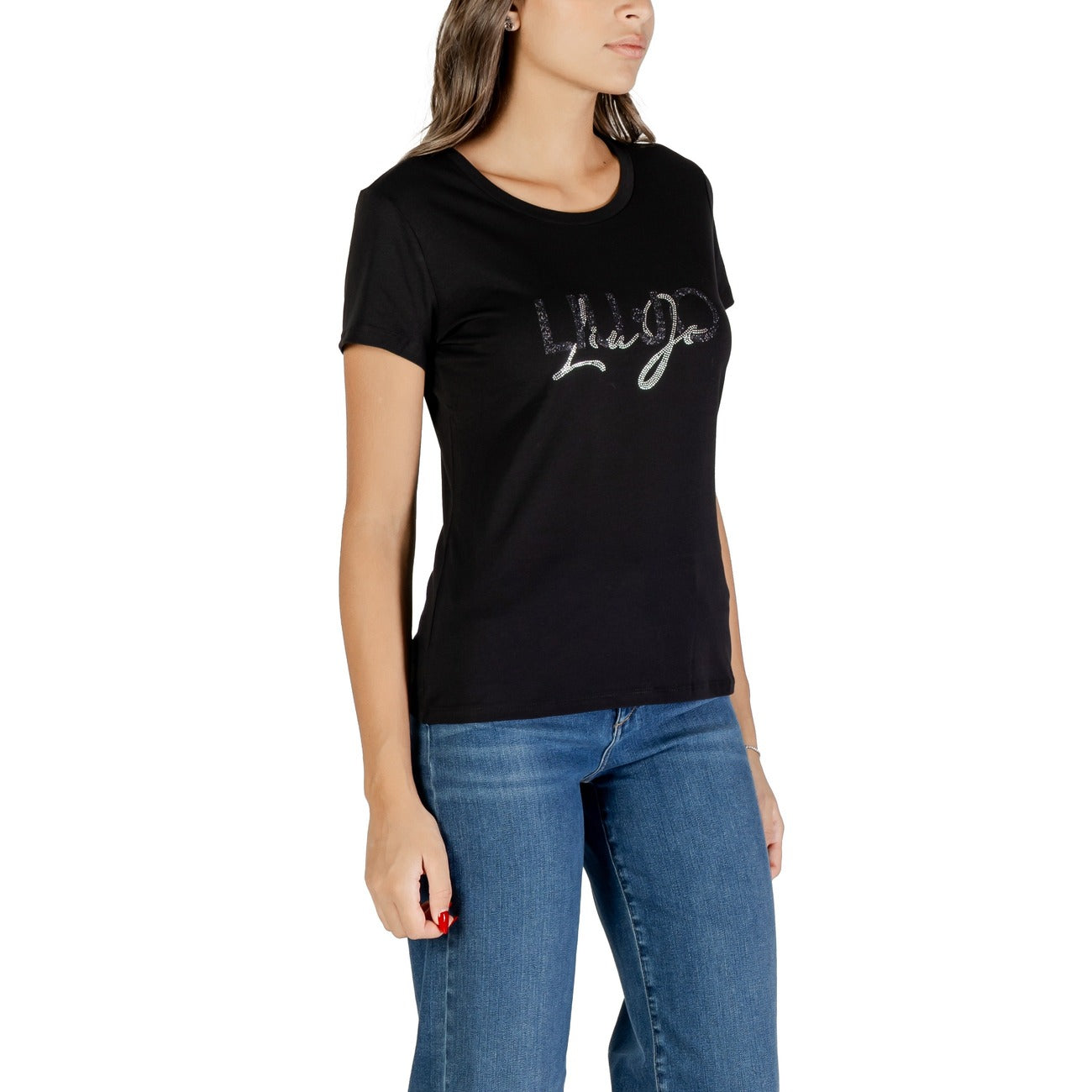 Liu Jo T-Shirt Donna Nera Strass Manica Corta Scollo Tondo 100% Cotone Primavera/Estate TF5287 JS923