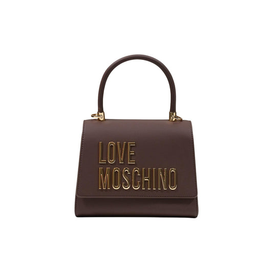 Borsa Love Moschino donna marrone a mano modello JC4024PP1. Borsetta piccola rigida marrone con fantasia logata all-over, manico superiore e logo oro sulla patta stile casual chic, elegante e da giorno.