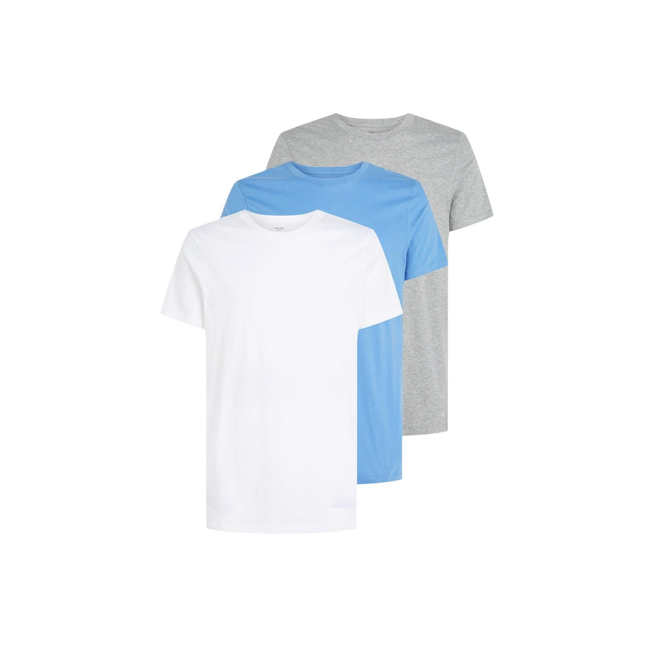 Pack 3 T-shirt Calvin Klein Underwear; 100% Cotone. Girocollo, maniche corte, logo ricamato sull'orlo. Vestibilità classica, traspirante e senza etichetta. Bianco azzurro grigio 
