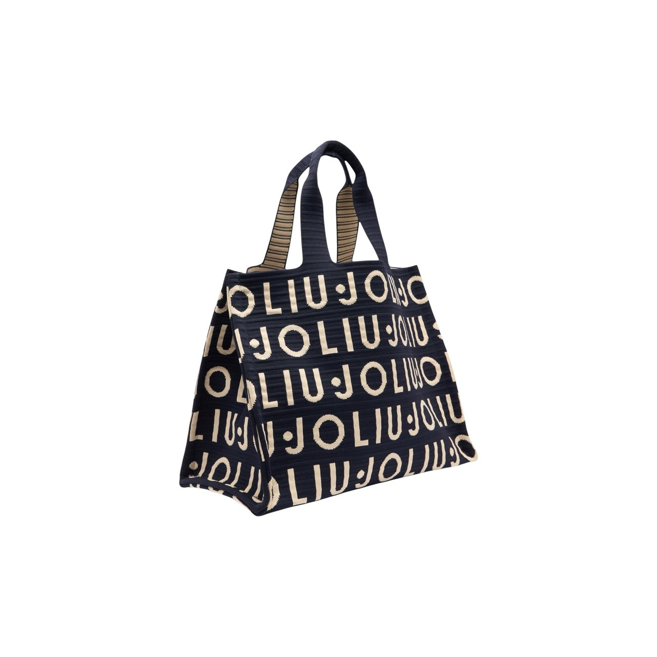 Borsa Tote Liu Jo Knitted; 100% Poliestere Nero. Logo jacquard a maglia, pochette interna con zip, tracolla removibile. Borsa donna capiente, morbida e di tendenza. Vista laterale 