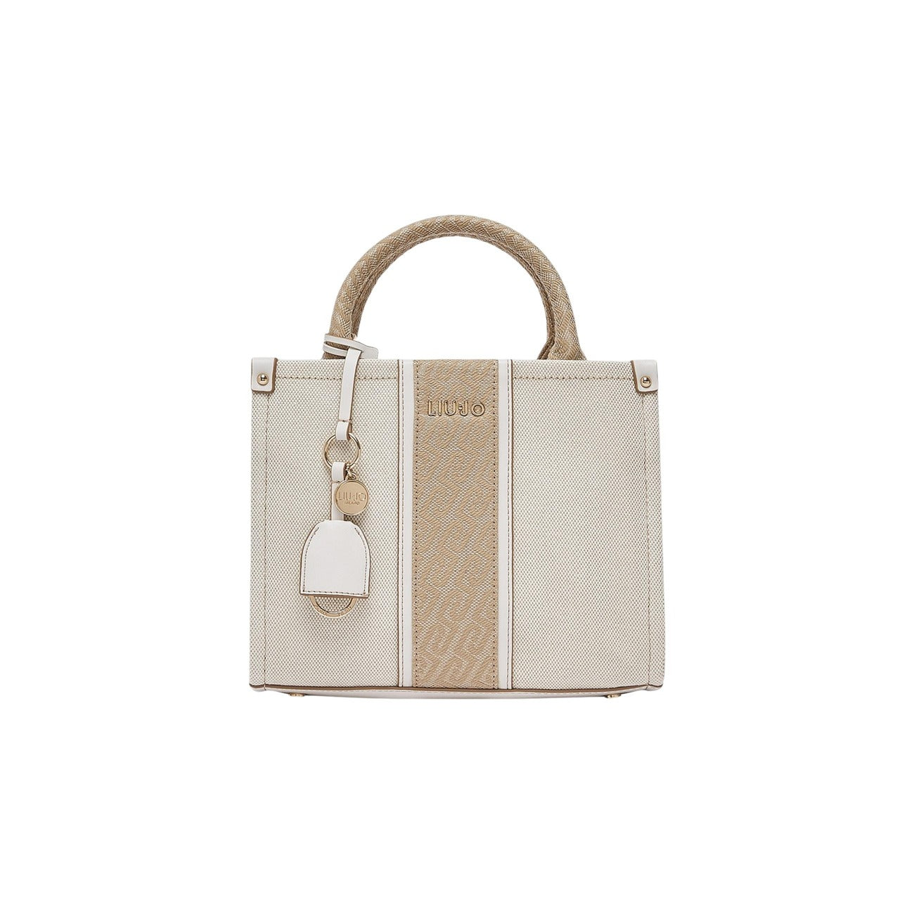 Borsa piccola Jacquard; chiusura zip, scomparto centrale, tracolla inclusa, charm rimovibile. L'eleganza compatta per ogni occasione. Tonalità beige 