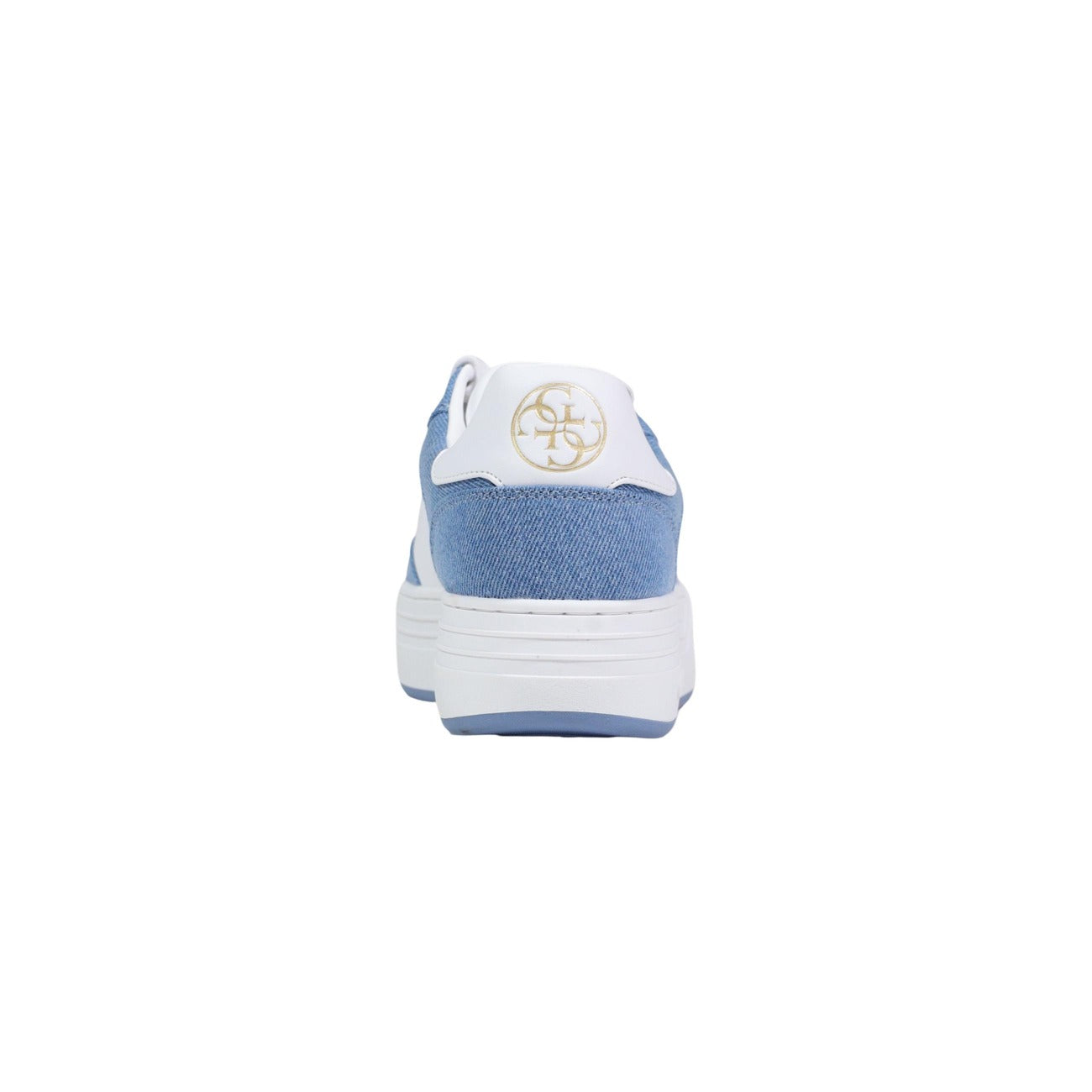 Sneakers Guess SWOLE4 Denim; 53% Poliestere, 47% Poliuretano. Effetto denim blu, logo ricamato, tacco 3 cm. Sneakers donna bicolore stabili e leggere, stagione 4 stagioni. Vista posteriore 