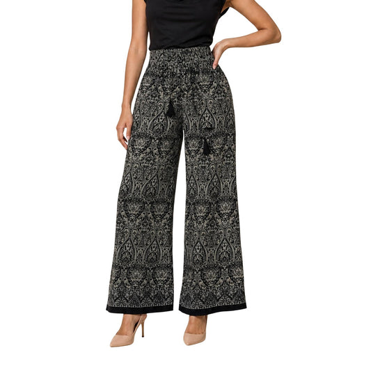 Pantaloni Ampi Neri Ayfee; Misto Seta. Vita elastica con coulisse e nappine, tasche laterali, stampa grafica. Tessuto leggero, fresco e fluido per un look di tendenza. Vista frontale 