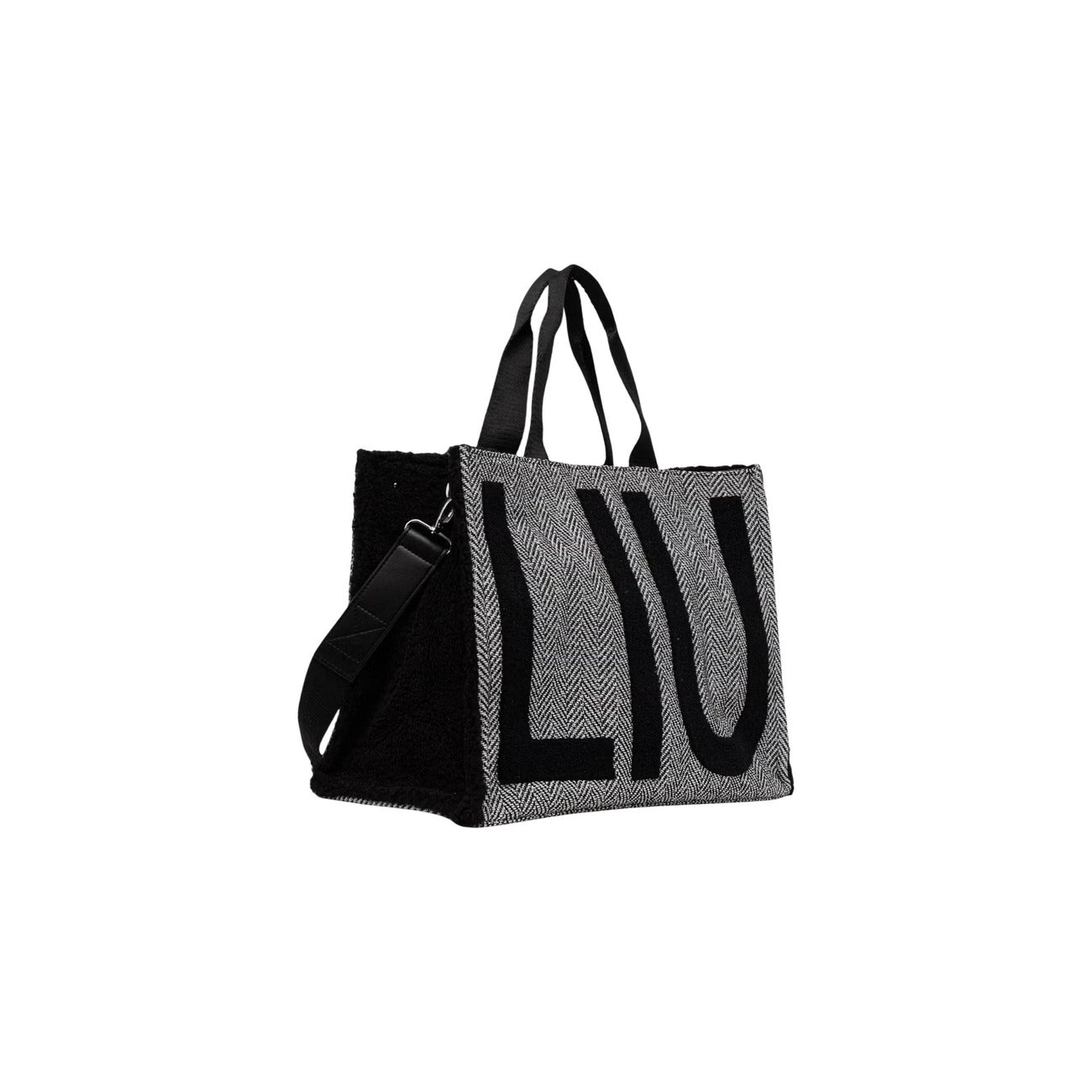 Borsa shopper Liu-Jo nera spina di pesce 2F6037 T0300. Borsa da donna nera in tessuto spigato con maxi logo contrasto, doppi manici, tracolla staccabile e chiusura zip, borsa capiente da lavoro e quotidiana 4 stagioni.