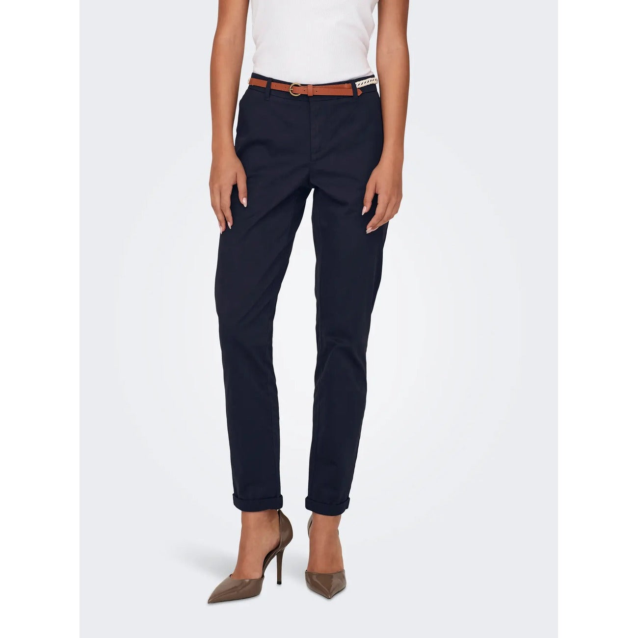 Pantaloni estivi dritti regular fit in cotone elasticizzato blu con vita media, cintura e tasche anteriori, pantaloni casual chic primavera estate.