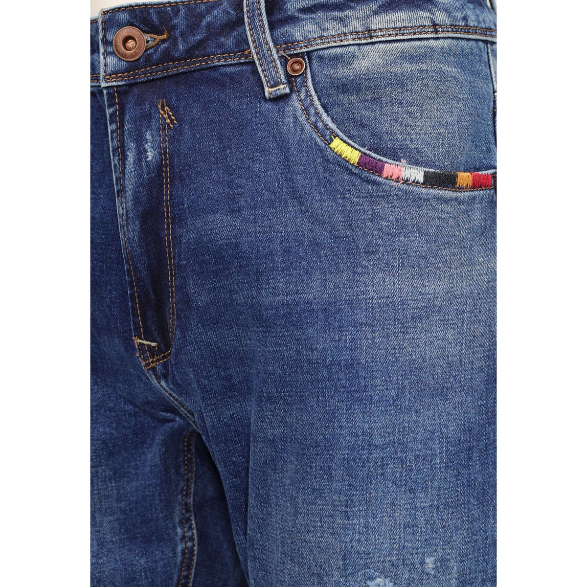 Jeans uomo slim fit blu Gianni Lupo GL6538Q. Pantaloni denim elasticizzati quattro stagioni con abrasioni e dettagli effetto usurato.