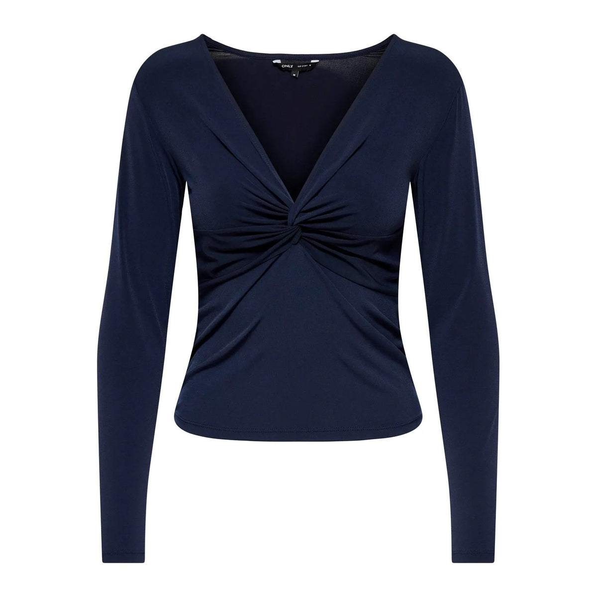 Top scollo V profondo nodo donna Only 15379511. Maglia elegante a maniche lunghe blu e marrone per outfit autunno inverno.