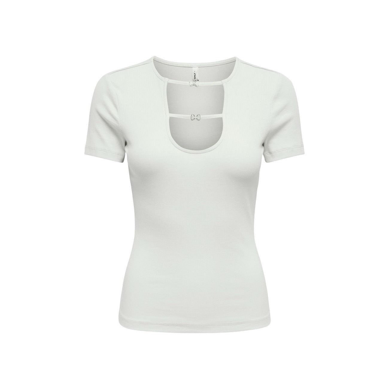 T-shirt bianca Only Onlrene con dettaglio cut-out e fiocchi, maniche corte e taglio aderente in cotone organico, ideale per outfit femminili. Vista frontale Stesa