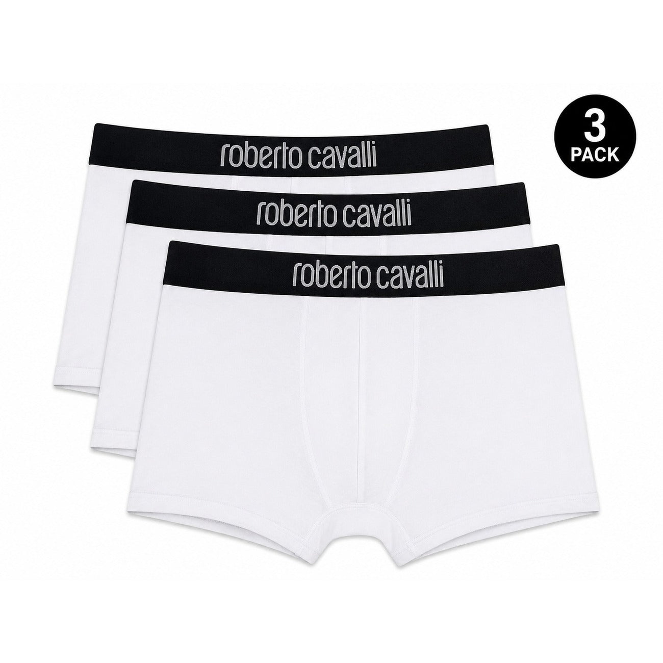 Set 3 Boxer Uomo Bianco Roberto Cavalli Underwear; Tessuto 95% cotone e 5% elastan con banda elastica e scritte logo in vita. Taglio aderente comfort 4 stagioni. Vista frontale 