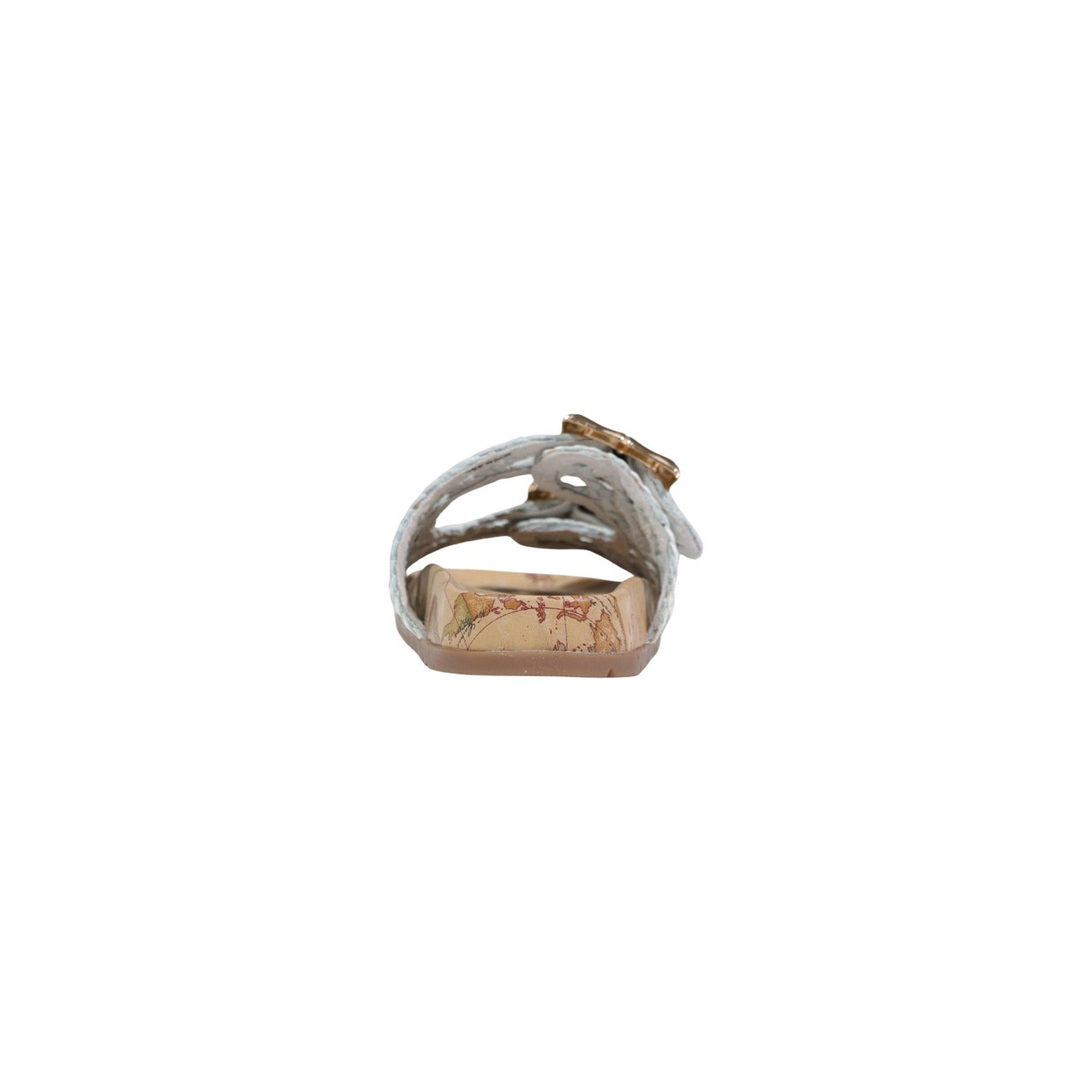 Sandali a Fascia Bianchi Alviero Martini; 100% Pelle Intrecciata. Dettaglio stampa Geo Classic sulla suola, doppie fibbie regolabili, tacco 2 cm. L'accessorio estivo sofisticato ed elegante. Posteriore 