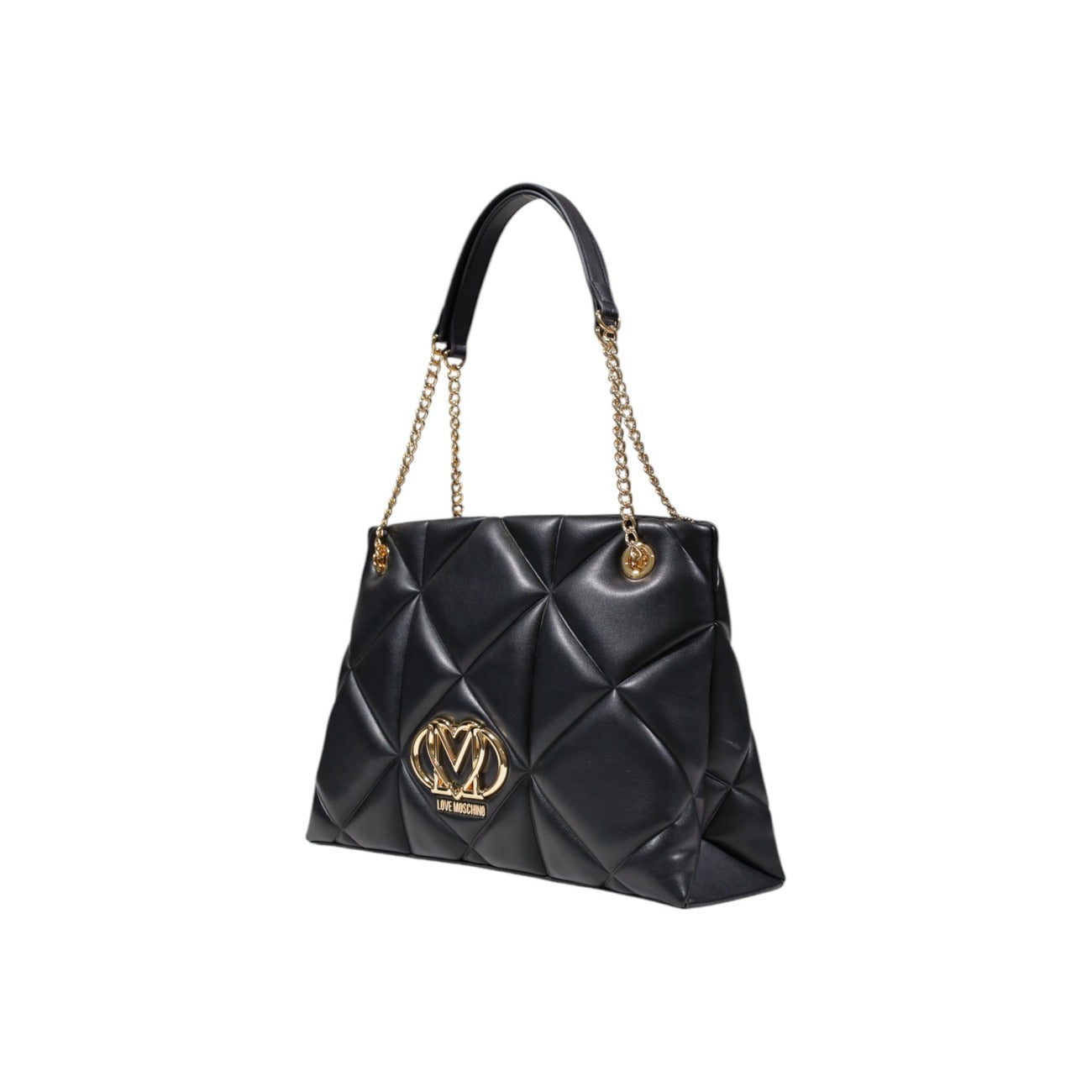 Borsa Love Moschino donna nera a spalla modello JC4040PP1. Borsa grande trapuntata effetto pelle nera con manici a catena oro e cerniera stile casual chic, classico, elegante e da giorno.