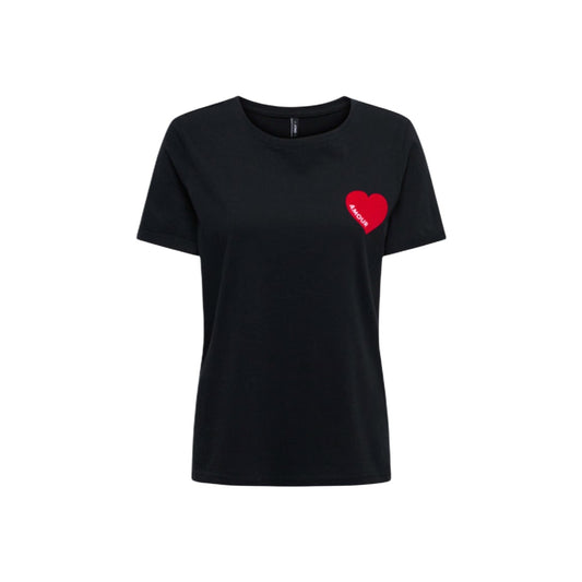 T-shirt nera Only Onlvica con cuore rosso in velluto e dettaglio scritta, maniche corte e taglio regolare in puro cotone.