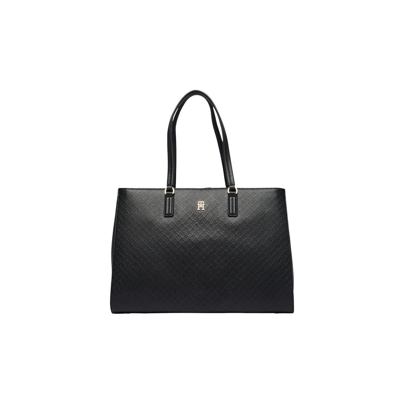 Tote Tommy Hilfiger; Monogramma TH in rilievo. Chiusura magnetica, due scomparti, tasche interne con zip. Borsa da ufficio capiente, elegante e rifinita nei minimi dettagli. Vista frontale 
