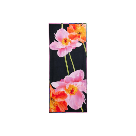 Foulard rettangolare con stampa di grandi gigli dai colori vivaci su fondo nero