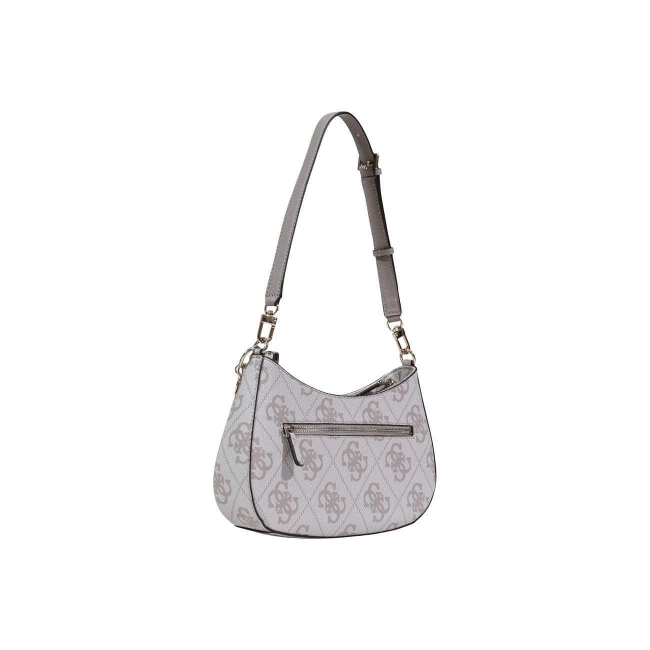 Guess Noelle II Shoulder Bag; 100% Poliuretano. Stampa 4G Beige, chiusura zip, metalleria dorata. Borsa donna a mano 29x18x6 cm con tasche esterne ed interne. Vista posteriore 