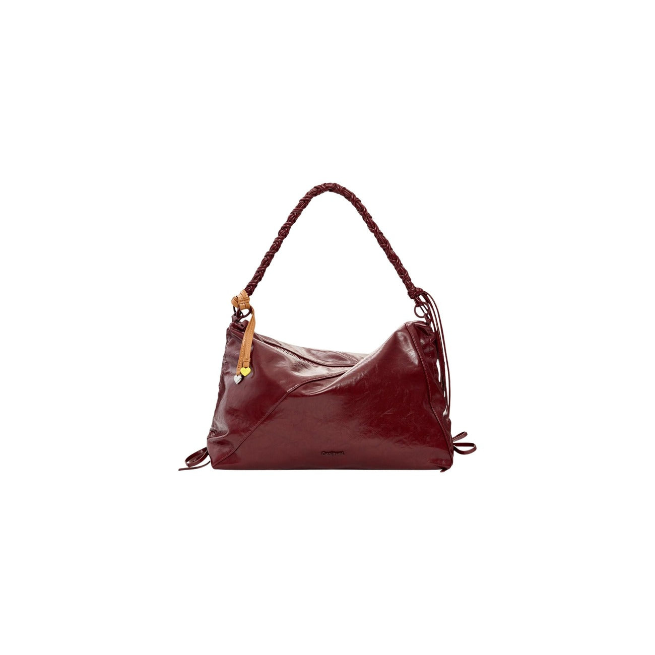 Borsa grande da donna Desigual BAG_RODIO LEIRIA BURGUN in poliestere lucido effetto stropicciato. Colore rosso bordeaux vista frontale 