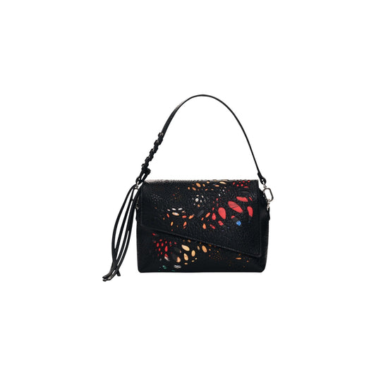 Borsa Desigual donna nera e multicolor modello BAG_NOTUS PRINT PHUKET MI. Borsa a tracolla media in ecopelle nera con motivo a fiori traforati e colorati sul davanti, chiusura a patta, manico a mano e interni divisi in scomparti, stile casual-chic originale.