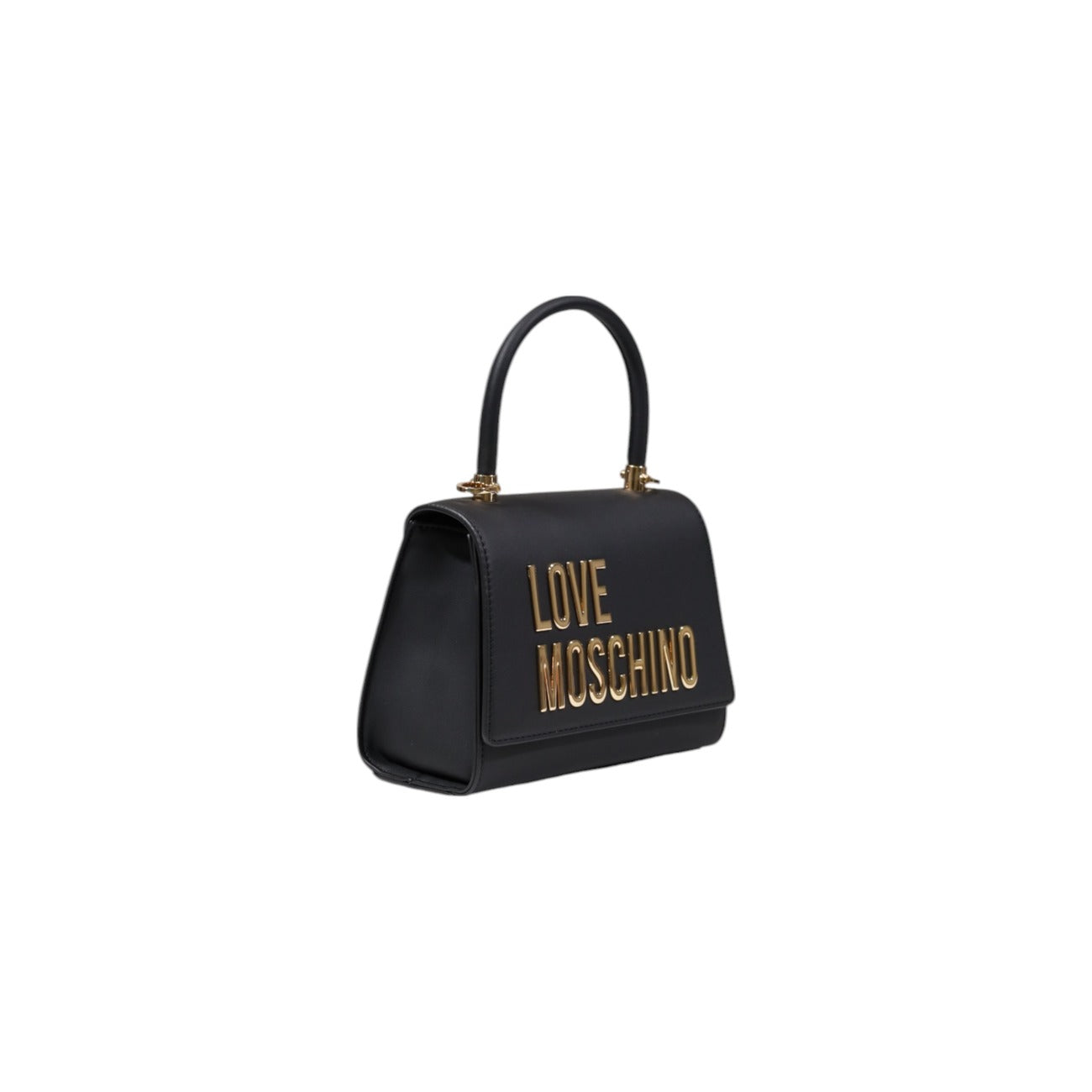 Borsa Love Moschino donna nera a mano modello JC4024PP1. Borsetta piccola ed elegante in ecopelle nera con manico rigido e logo lettering dorato stile casual chic, glam e cerimonie.