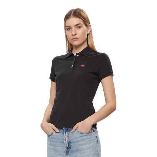 Polo Levi's donna nera modello 52599-0046. Maglietta a maniche corte tipo polo in tessuto stretch nero con colletto classico, scollatura a due bottoni e logo ricamato sul davanti, stile casual chic e preppy.