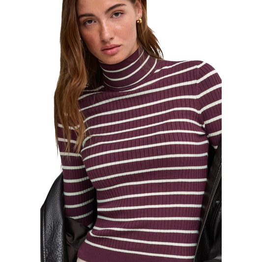 Maglione a righe Only donna collo alto 15165075 viola. Pullover lungo a maniche lunghe con dolcevita a risvolto in 80% viscosa e 20% nylon per l'autunno/inverno.
