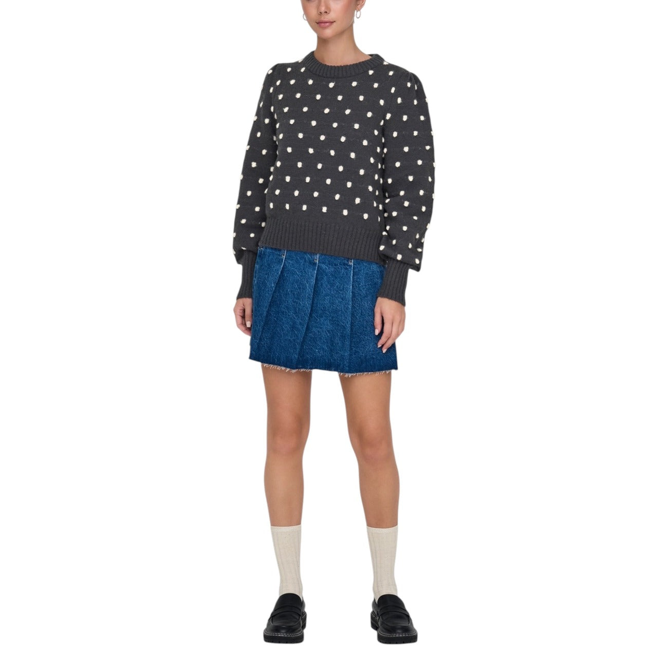 Jacqueline De Yong Maglione Donna Grigio a Pois Maniche Lunghe - Maglia Poliestere Scollo Tondo