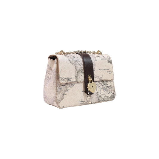 Borsa a tracolla da donna Alviero Martini 1ᴬ Classe codice L LG33 T950 di colore grigio. Modello con stampa Geo Classic, chiusura con charm a cuore dorato e chiave pendente, dettagli in pelle e tracolla in catena e pelle.