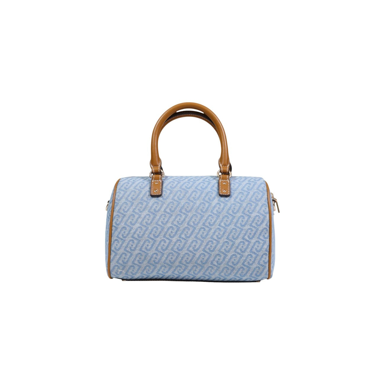 Borsa Satchel Liu Jo S; 80% Cotone, 20% Poliestere. Motivo monogramma all-over, manici rigidi, tracolla removibile e zip. Borsa donna media, chic e funzionale. Vista posteriore colore denim 
