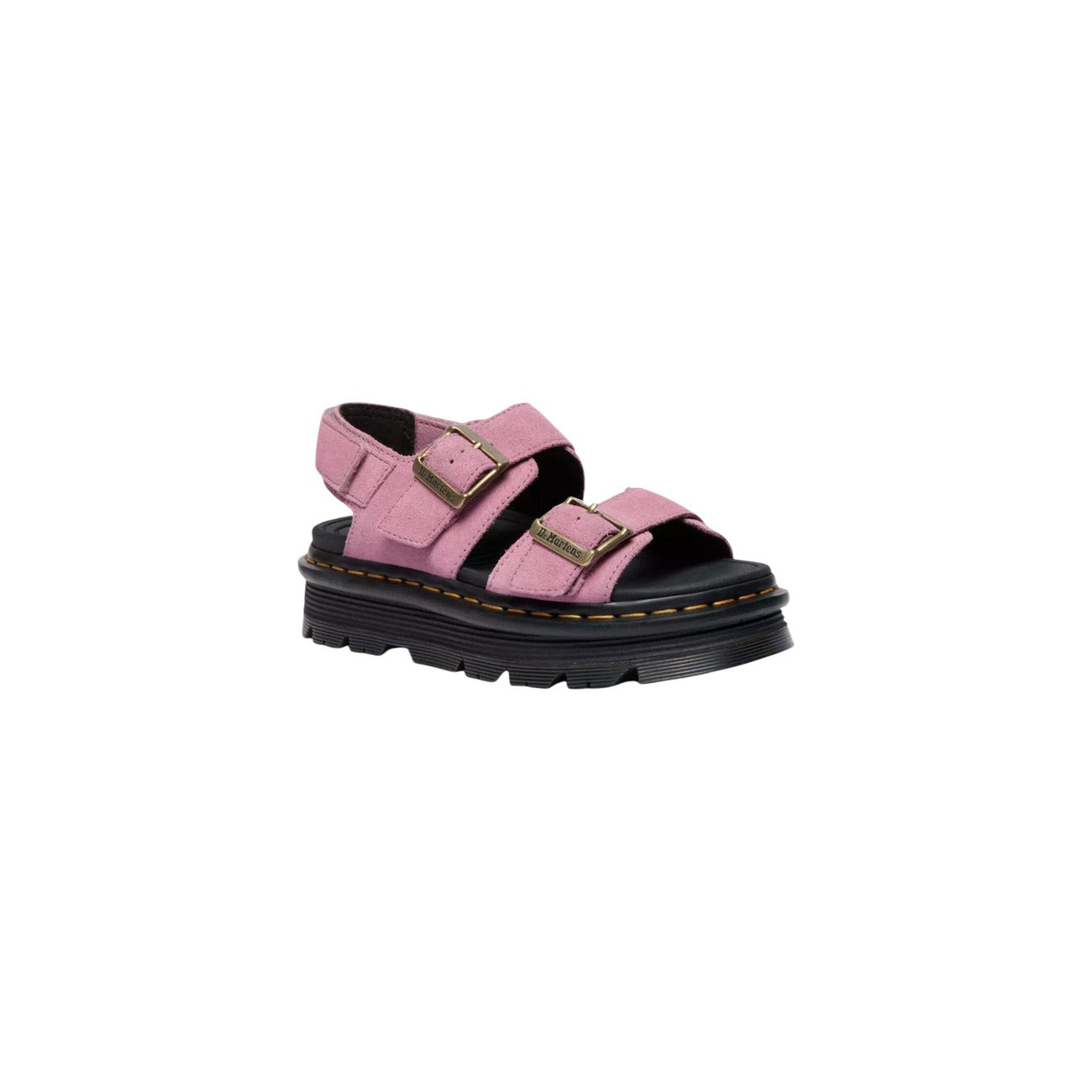 Dr. Martens Sandalo Zebzag Platform; Rosa. 100% Pelle scamosciata. Tacco 4 cm, suola ammortizzata in EVA e PVC, chiusura regolabile con fibbie e cinturino. Design robusto con cuciture gialle. Frontale laterale 
