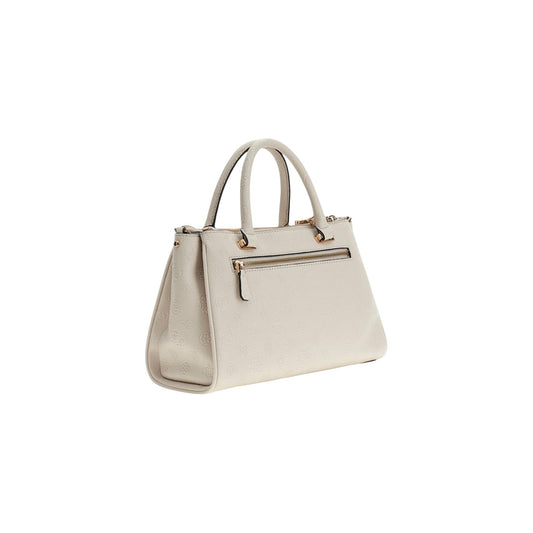 Guess Anise Triple Comp Satchel HWPD99, borsa beige media con tre scomparti e charm a chiave; dettagli dorati, chiusura sicura e logo Guess, ideale per l'uso quotidiano organizzato. Vista posteriore