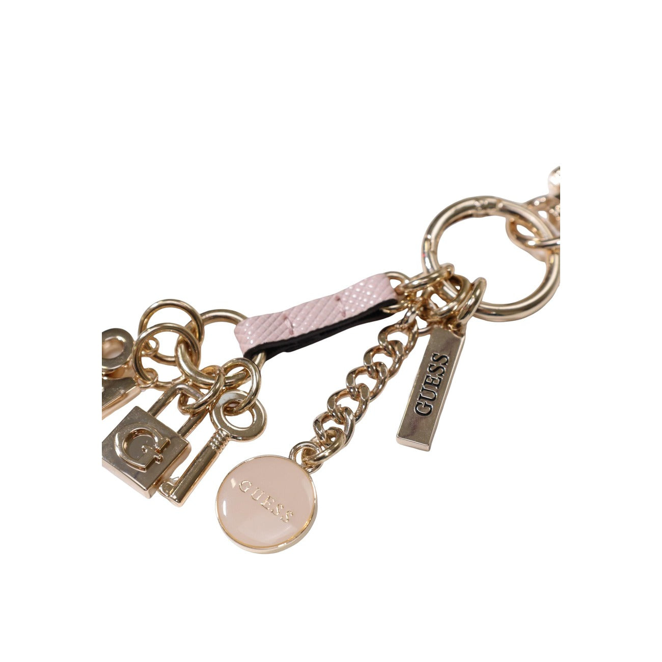 Portachiavi Guess rosa Zalina Keychain RWZ746 01190. Charm da borsa e portachiavi donna in acciaio rosa con ciondoli logo Guess e moschettone lucido, accessorio regalo glamour 4 stagioni.