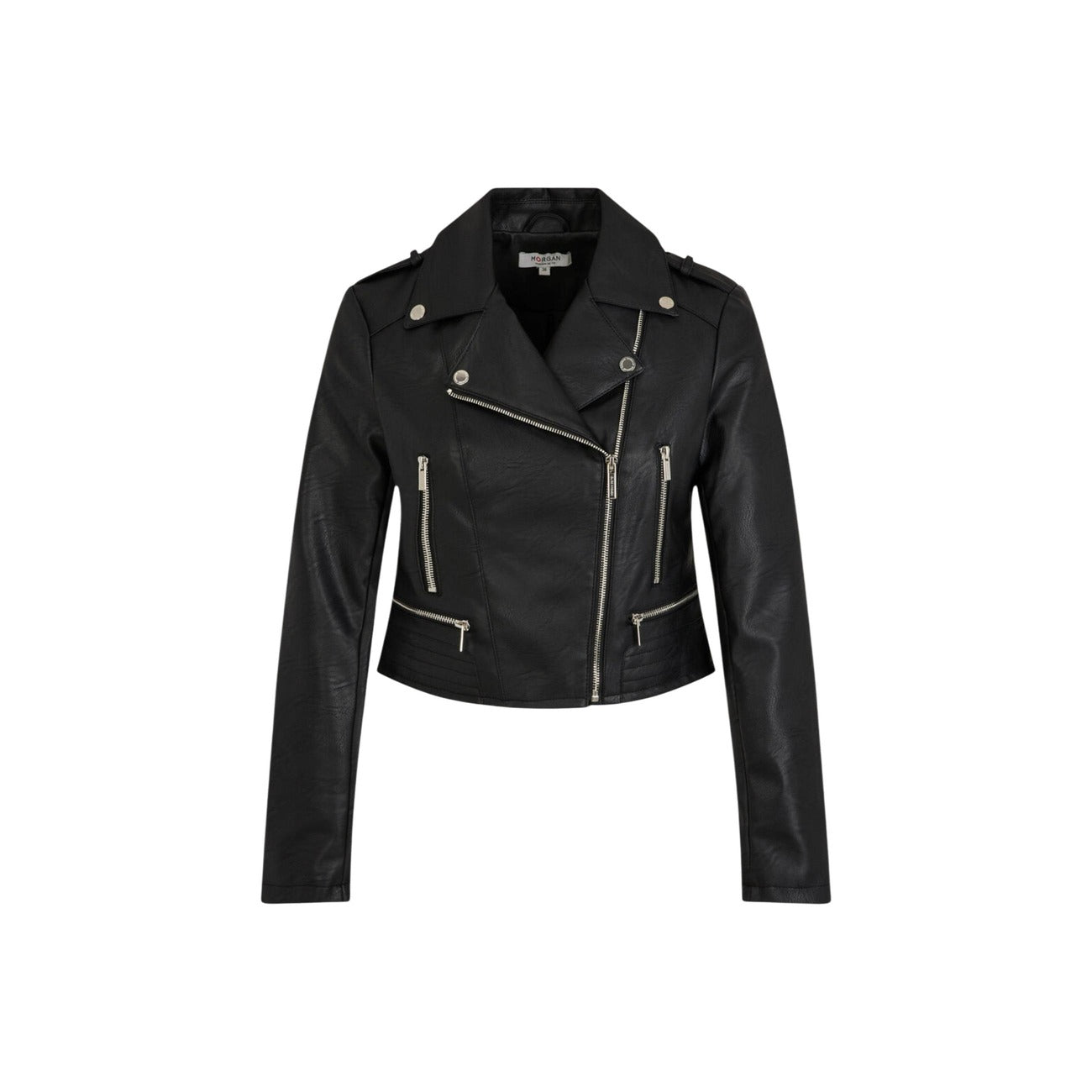 Giacca biker nera Morgan De Toi 202-GRAMMO.N. Giubbino chiodo corto da donna in ecopelle nero con cerniera zip asimmetrica, dettagli metallici e vestibilità sagomata, giacca di mezza stagione.