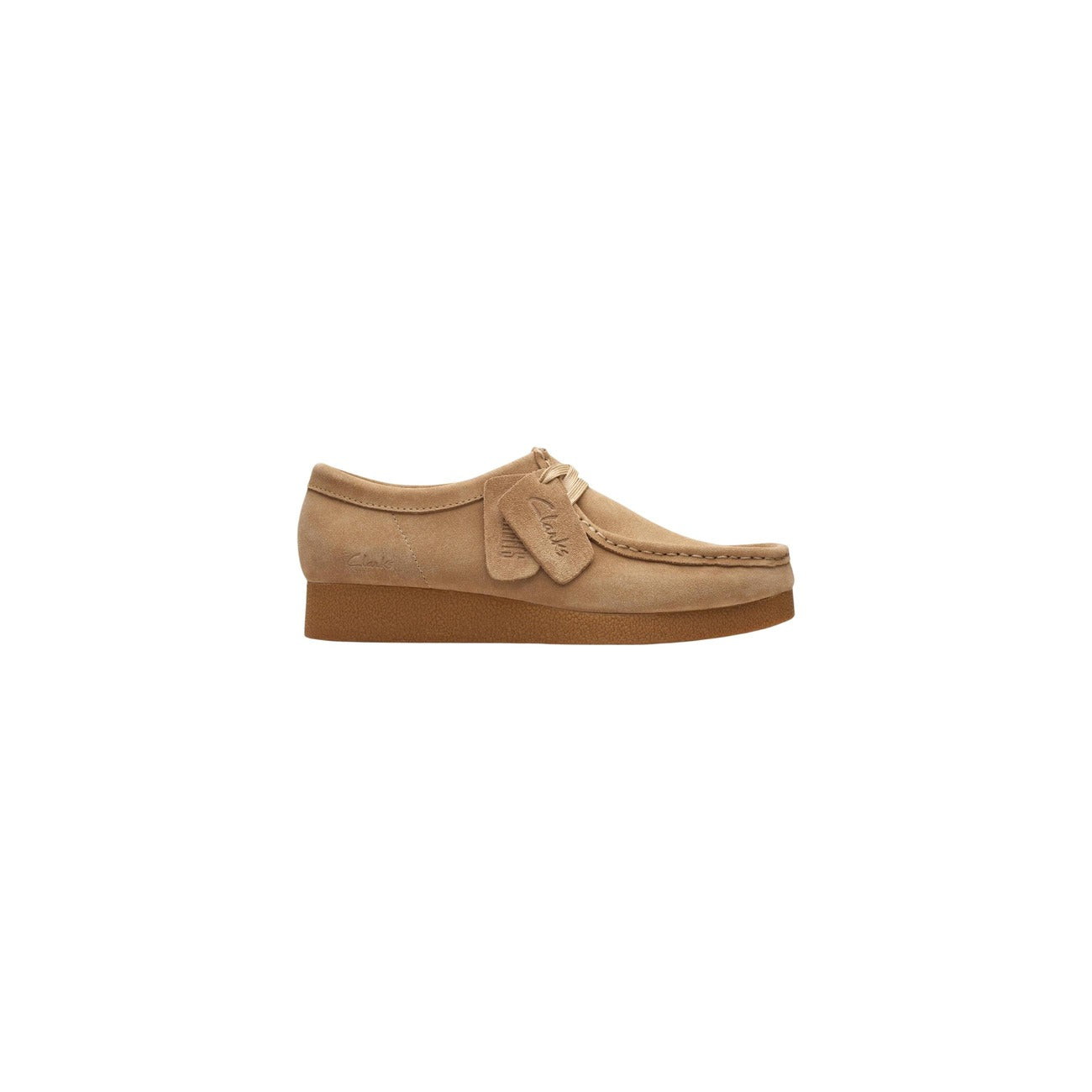 Clarks WallabeeEVO da uomo in 100% suede, scarpa bassa beige con suola para in gomma e iconica cucitura perimetrale, stile casual-raffinato. Vista laterale 