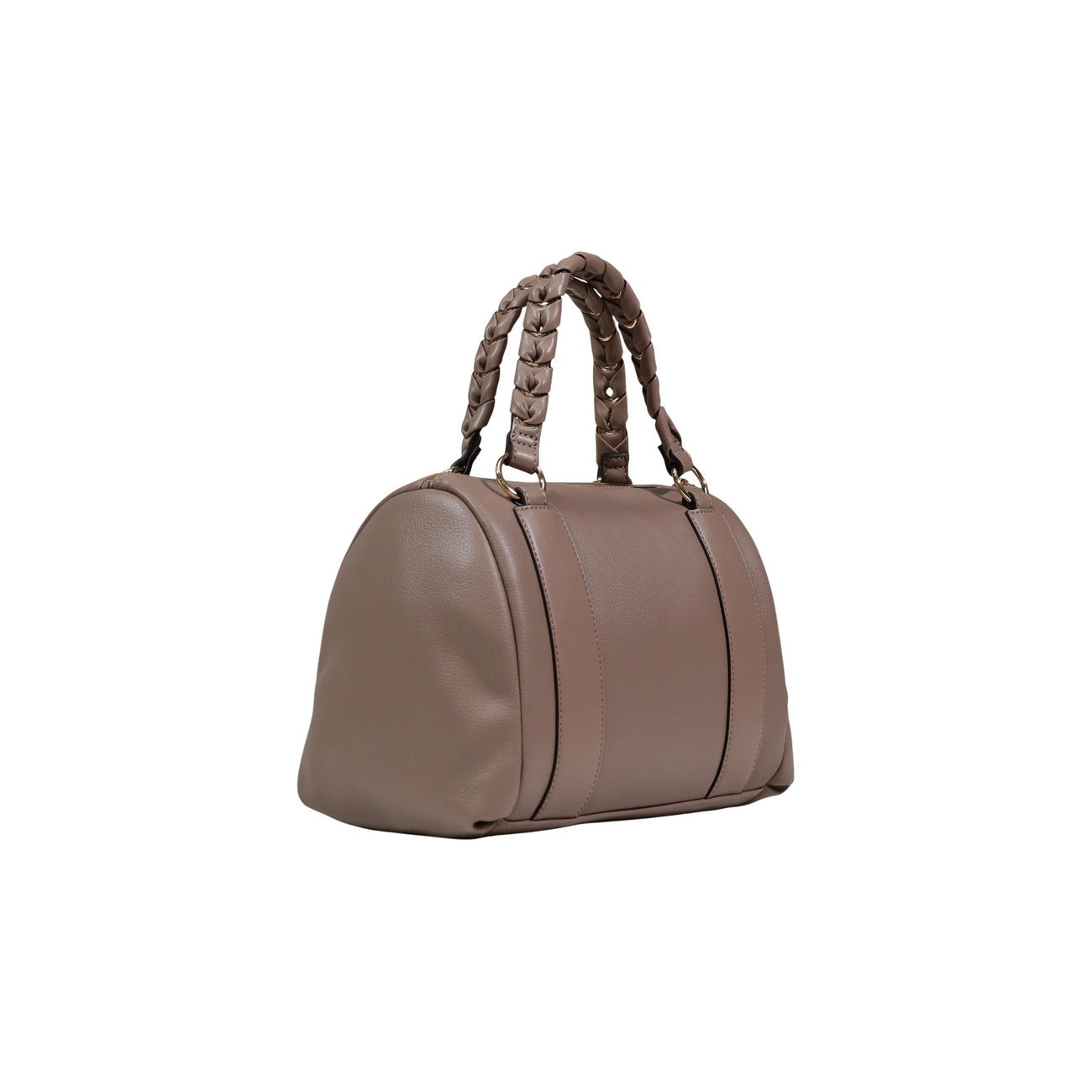 Borsa bauletto media Liu Jo; manici intrecciati, dettagli metallici dorati, zip decorative logate. Design strutturato in poliuretano premium. Colore marrone. Vista posteriore 