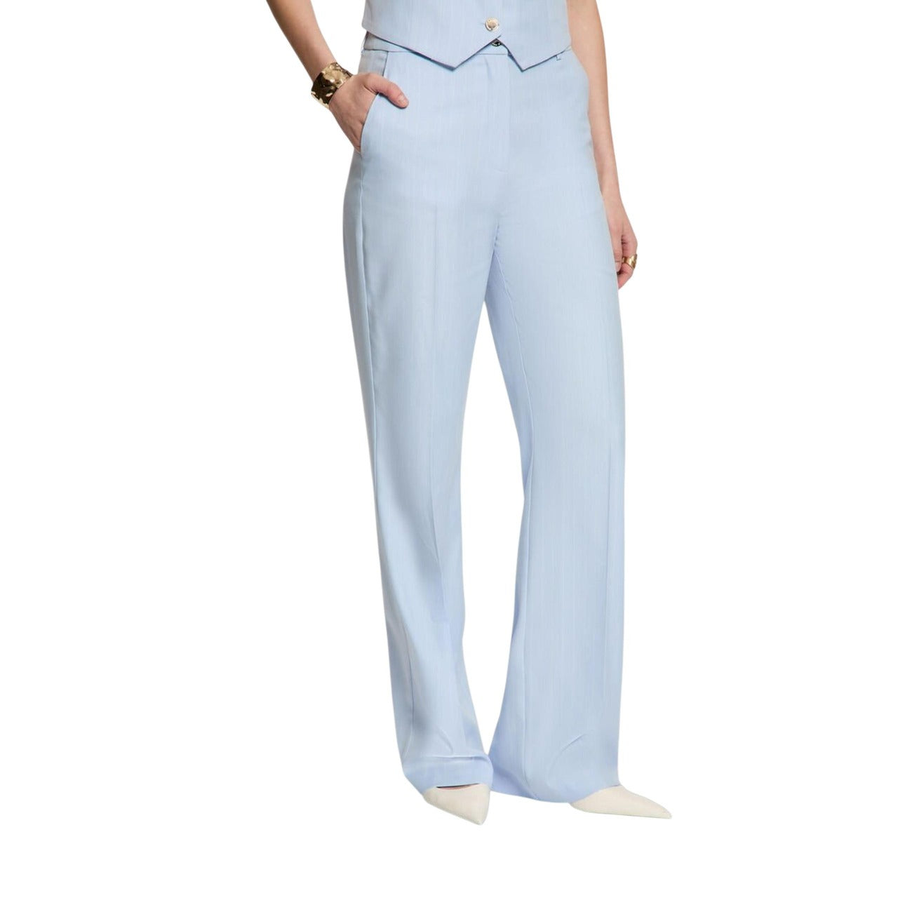 Morgan De Toi 261-PTYA.F; Pantaloni a gamba dritta, tessuto stretch eco-friendly, vestibilità confortevole. Il capo essenziale per il guardaroba formale femminile. Colore azzurro, vista frontale 