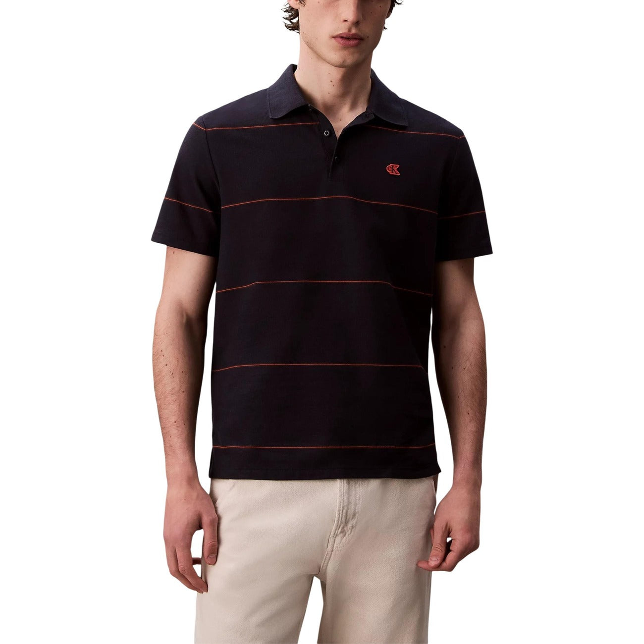 Calvin Klein Jeans Polo Uomo Blu Righe Bottoni Maniche Corte Scollo Tondo Colletto Classico - Polo Cotone