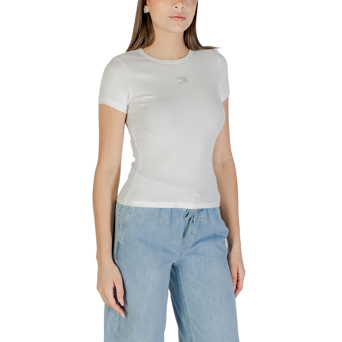 Tommy Hilfiger Jeans T-Shirt Donna Beige Maniche Corte Scollo Tondo Cotone 95% Elastan 5% Autunno Inverno DW0DW17881