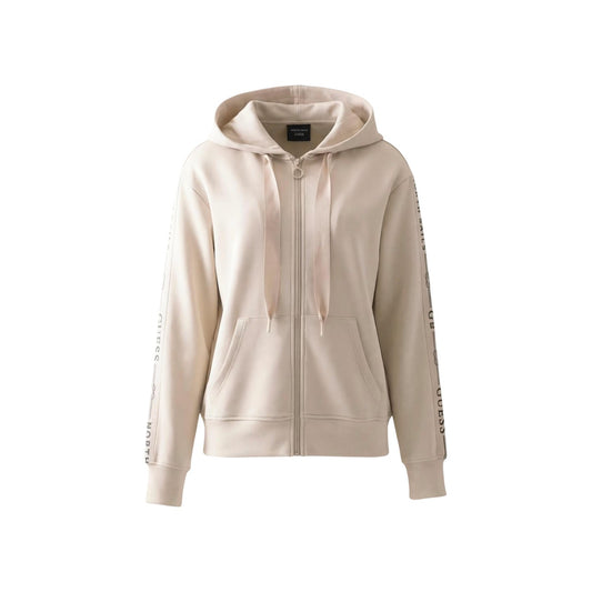 Felpa Guess donna beige con zip W6GQ03 K2656. Felpa aperta con cappuccio in modal e tessuto stretch, cerniera frontale, tasche e dettagli logo sulle maniche, abbigliamento sportivo mezza stagione.