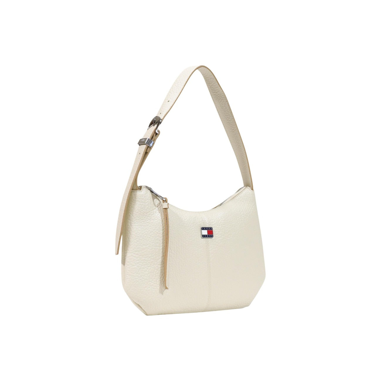 Borsa a spalla avorio Tommy Hilfiger TJW Slouchy City AW0AW18777. Borsa piccola donna color panna in ecopelle morbida con tracolla regolabile, logo in metallo e chiusura zip, borsa casual e chic 4 stagioni.