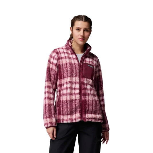 Giacca in pile Columbia donna rosa quadri 2085854. Pile leggero e caldo a fantasia scozzese con cerniera zip intera, tasca sul petto e tasche laterali, abbigliamento outdoor ecosostenibile autunno inverno.