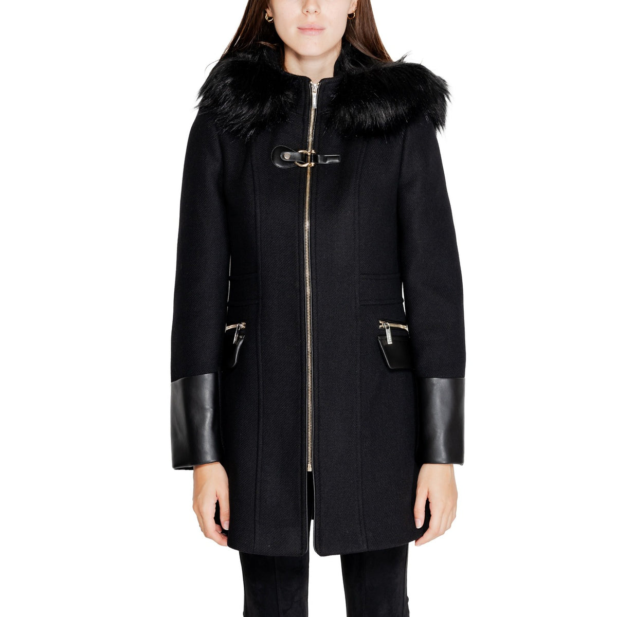 Cappotto nero lana donna Morgan De Toi – Cappotto lungo dritto con cappuccio e zip GSIBIL 222-GSIBIL.