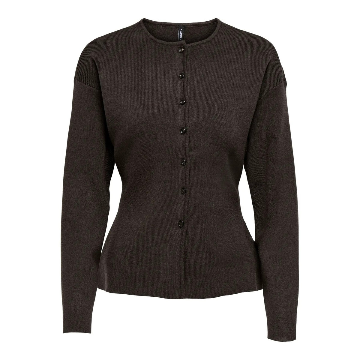 Cardigan in maglia piatta da donna Only codice 15370435 con maniche voluminose, scollo paricollo e chiusura a bottoni nei colori marrone Chocolate Torte, blu Night Sky e grigio Light Grey Melange.