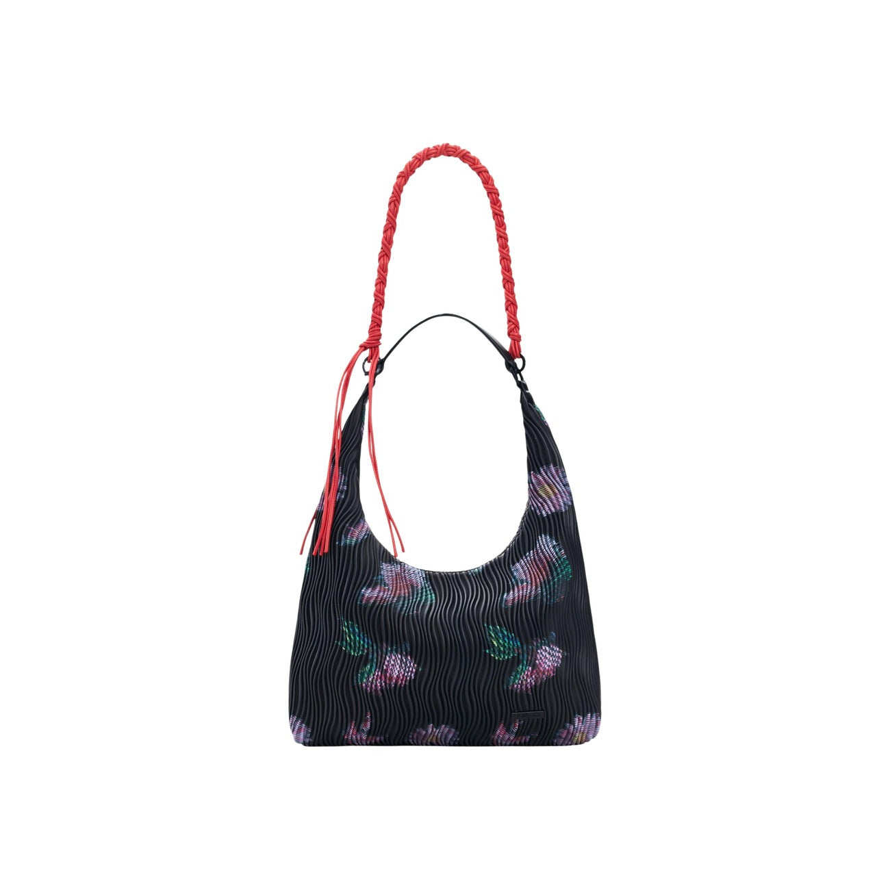 Borsa Ovale Donna Desigual SS26; Nero Multicolor. 100% Poliestere effetto pelle testurizzata, stampa a fiori astratti, chiusura con zip e tracolle intercambiabili. Misure medie e capienti (35x28 cm), stile originale. Vista con tracolla 