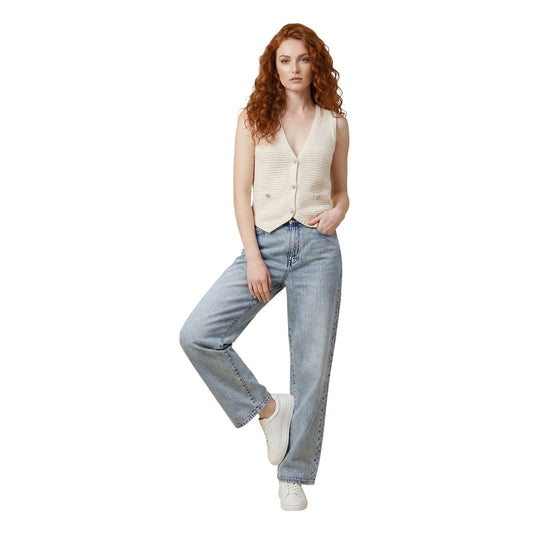 Gilet Morgan De Toi 251-MGILET; 100% Cotone. Maglia fine, scollo a V, bottoni decorativi. Capo donna versatile, traspirante e chic per la PE26. Vista figura intera 