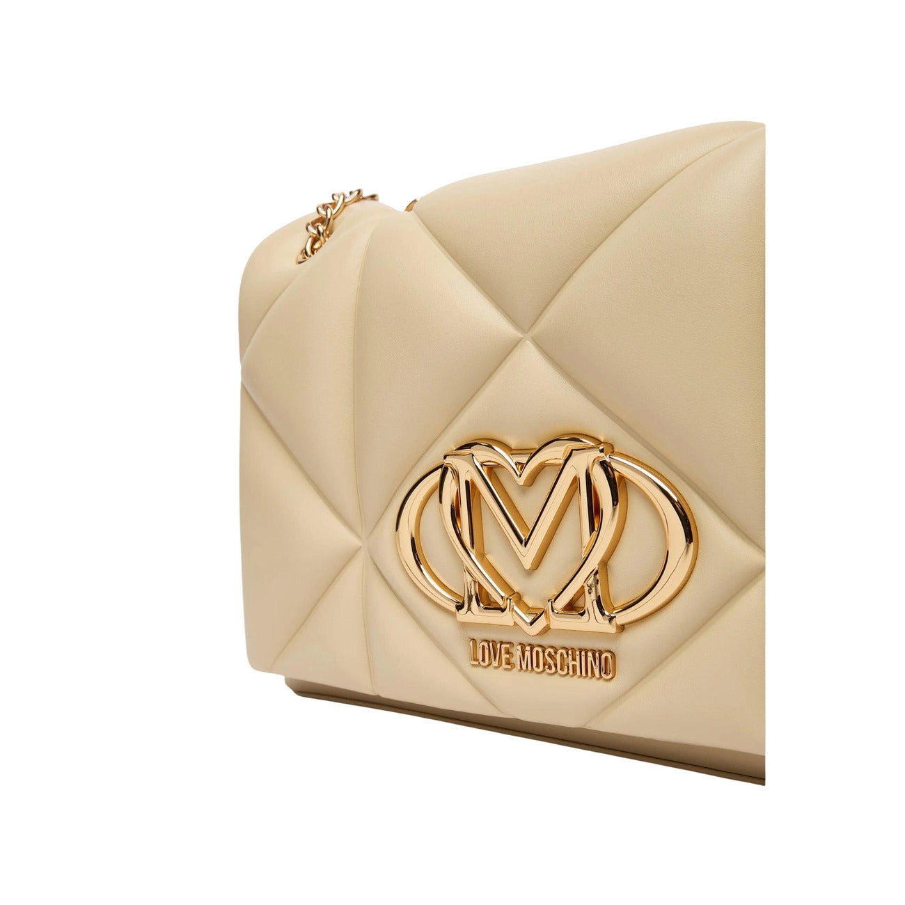 Borsa Love Moschino donna bianca trapuntata modello JC4041PP1. Borsetta media a spalla trapuntata in ecopelle bianca con manici a catena oro e logo metallico dorato, stile elegante, casual chic e da cerimonia.