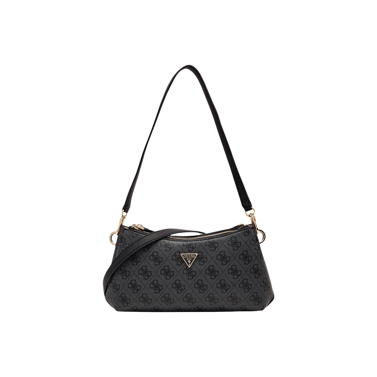 Borsa Guess Noelle II Crossbody; 100% Poliuretano. Motivo monogramma, 3 scomparti interni, dettagli gold. Doppia portabilità (spalla/crossbody), stile contemporaneo e funzionale. Vista frontale 